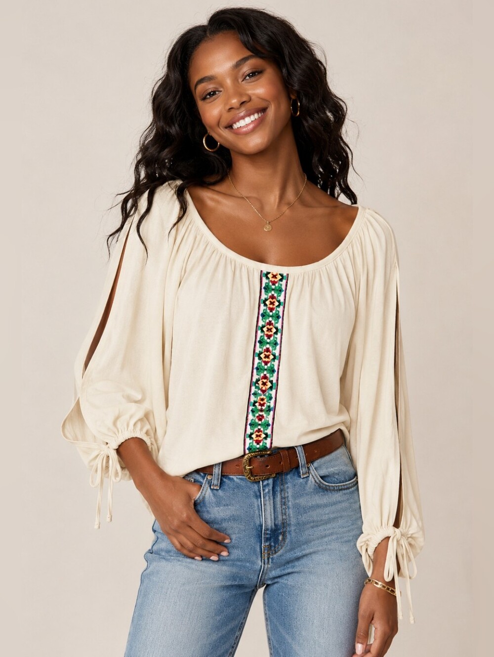 Poof! Ivory Cream Boho Embroidered Peasant Balloon Slit Sleeve Blouse Large